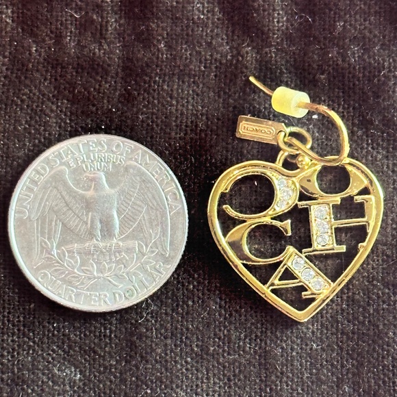 Coach Gold Tone Signature Heart Shaped Dangle Earrings With Crystal Accents - Picture 3 of 5